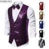 Men's 2 Pieces Purple Sequin Vest With Bowtie Brand Slim Fit V Neck Sleeveless Waistcoat Male Stage Party Show Costume 2XL 210522