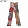 Zevity Women Vintage Cloth Patchwork Print Satin Rakbyxor Retro Kvinnlig Elastisk Midja Sidofäst Chic Långbyxor P1004 211124