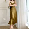 [EAM] Kobiety Żółte Wzburzyć Jedwabiste Slim Elegancka Dress V-Neck Bez Rękawów Luźne Fit Moda Wiosna Lato 1DD7322 21512