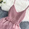 Boho Tricot Patchwork Maille Sexy Col En V Spaghetti Strap D'été Midi Longue Robe De Soirée Femmes Casual Plage Vacances Irrégulière Vestidos Y220413