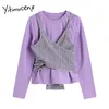 Yitimuceng Femme T-shirts O-cou À Manches Longues Tops Faux Deux-pièces Tees Printemps Violet Patchwork Solide Vêtements De Mode Confortable 210601