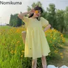 Nomikuma elegante Mini vestido amarillo Mujer verano Unicolor O cuello Puff manga A línea Vestidos espalda lazo nudo Vestidos Mujer 210514