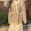 ビンテージエレガントなニットロングカーディガンコート女性スリーブOネックシングルブレストポケットファッションレディースジャケットセーター210513