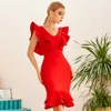 Kobiety Sexy Projektant Tank Ruffles Red Xmas Christmas Bandaż Sukienka Damska Elegancka Celebrity Bodycon Party Vestido 210527