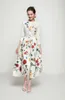 Women's Runway Dresses O Neck 3/4 Sleeves Floral Printed Single Breasted Fashion Mid Autumn Dress with Belt