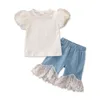 Çocuk Giyim Setleri Kız Kıyafetleri Bebek Giysileri Çocuk Takım Çocuk Giyim Yaz Dantel Kısa Kollu T-Shirts Şort pantolon kot pantolon 2pcs 3344 Q2