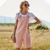 Розовые хлопчатобумажные льняные ползунки женщины Playsuits сексуальные ремешки без спинки лук кнопка карманный танк прыжки пружины случайные свободные короткие комбинезоны 210522