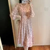 Lässige Kleider COIGARSAM Frauen Langes Kleid Herbst 2022 Blumendruck Chiffon Hohe Taille V-Ausschnitt Kirschblüte Gelbe Robe