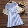 Mori Girl Summer Women Fresh Dress Peter Pan Collar Blue Gray Loose String Elegant Plaid Sweet Short Sleeve ES 210520