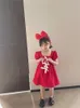 Mode Mädchen Rotes Kleid Bowknot Solide Prinzessin Kleid Kurzarm Sommerkleid für Baby Mädchen Süße Kleidung Kinder 2-7 jahre 210715