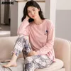 Piżama Zestaw Dla Kobiet Jesień Zima Duży Rozmiar 3XL Pleasear Miękkie Bawełniane O-Neck Lounge Wear Woman Fashion Pijama 210901