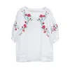 Lato styl kobiety tshirt plus rozmiar latarnia rękawa luźna o-neck topy kwiatowy haft vintage femme lniana koszulka mmx01 210512