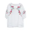 Style d'été femmes t-shirt grande taille lanterne manches lâche o-cou hauts broderie florale Vintage Femme lin t-shirt MMX01 210512