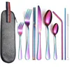 9 SZTUK / SET 304 Zestaw sztućców ze stali nierdzewnej Flatware z Case Reusable Travel Portable Coreware 211108