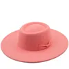 Cor sólida Outono inverno moda lã simples redonda plana top vintage largo fedoras chapéus para mulheres borda cadeia fita 211227