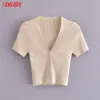 Tangada Korea chique vrouwen zomer paars gewas trui korte mouw dames schoolstijl gebreide jumper tops SW18 210609