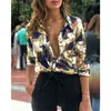 V Neck Chain Print Button Shirt Womens Ladies Casual Long Sleeve Blouse Tops Sexy Beach Shirts Slim Fit Plus Size 210730