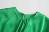 Casual Dresses 2022 Spring Autumn Green Long Sleeve Satin Wrap Mini Dress Lace Up Bandage High midje Skjorta Kvinnor
