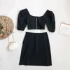 Kimutomo Chic Summer Suit Fashion Puff Sleeve Square Collar Short Top + Sexig Solid Färg Split Kjol Two-Piece Set Women 210521