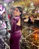 2022 Plus Size Árabe ASO EBI Roxo Veludo Sexy Prom Vestidos Frisado Cristais Noite Formal Partido Segundo Recepção Aniversário Vestidos de Noivado Vestido