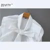 ZEVITY femmes mode v cou noeud papillon décontracté smock blouse chemise femmes plissé volants chic blanc blusas streetwear hauts LS7241 210603