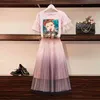 Summer Women Bead Mesh Beautiful Character T-shirt + Gradient Color Skirt 2 pcs sets Fashion Female Suits A1241 210428