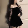 Kobiety Gothic Dress Siatki Z Długim Rękawem Off Ramię Slim Linia Elegancka Chic Plised Black Hip Hop Mini 210619