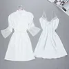 Marque sexy femmes robe robe ensembles twinest peignoir + mini robe de nuit deux pièces vêtements de nuit femmes sommeil ensemble fausse soie 210518