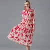 est Women Pink Print Flower Party Dress Summer Runway Bow Collar Long Sleeve Elastic waistline Pleated Dresses 210514