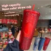 Starbucks Kupalar Tumblers 2022 Çivili 710 ml Plastik Kahve Kupa Parlak Elmas Yıldızlı Saman Kupası Durian Cups Hediye Ürün