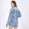 Blaue Mäntel weibliche Revers Langarm Denim Patchwork hohe Taille aushöhlen rückenfreie Jacken Frauen Mode 210524