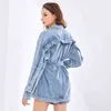 Niebieskie płaszcze Kobiet Lapel Z Długim Rękawem Denim Patchwork Wysoka Talia Hollow Out Backless Kurtki Kobiety Moda 210524