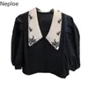 Neploe Sweet Puff Meia Manga Mulheres Camisa Coreana Bordado Floral Definir Collar Blusa Primavera Verão Curta Blusa 1A659 210323