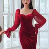 Women Fashion Sexy Lace Long Sleeve Red Velvet Dress Midi Designer Elegant Evening Celebrity Bodycon Party Vestido 210527