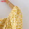 Tangada Summer Women Yellow Floral Print Robe Dress Puff Short Sleeve Ladies Mini Dress Vestidos 2M38 210609