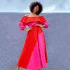 Herfst Womens Jurk Vintage Lange Maxi Dames Slash Neck Sleeve Losse Rode Roze Contrast Kleur Es Vestidos 210517