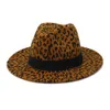 ヒョウブラックベルト女性Fedora帽子プリントパナマTrilby Capポリエステルワイドブリムメンジャズ帽卸売