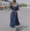 Sommer Damen Vintage Kleid Square Neck Einreiher Hohe Taille Denim Casual Kleider 210531