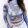 Sexy Women T Shirt See Through Transparent Mesh Tops Long Sleeve Sheer Slim Ladies Turtleneck T-Shirt Arrival tshirt 210607