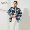 Wixra Womens Plaid Shirt Jacket Coat Ladies Fickor Tjock Turn Down Collar Plus Size Kvinna Ytterkläder 210928