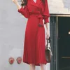 Printemps Automne Femmes Chemise élégante Robe Turn Down Collier à manches longues avec ceinture Office Lady Robes Robes 210603