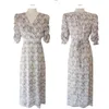 Elegante Sommer koreanischen Stil Vintage Blumendruck hohe Taille V-Ausschnitt Kurzarm Mode lässig knöchellange Kleider 9813 210508