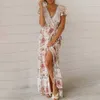 Sukienki damskie 2021 seksowny dekolt w serek kwiatowy Print letnia sukienka Boho odzież damska Vintage Casual wakacje na plaży długa sukienka Vestido X0705