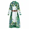 Summer White Green Vintage Floral Shirt Dresses for Women Chic Buttons Belt Midi Dress Woman Long Sleeve Casual Vestidos 210430