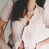 Sexig Lady Jennie Kim Kändisstil Stickning Grön Ruched Bodycon Crop Top V-Neck Tshirt KnitteTee Women Chic 210421