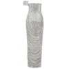 Women Fashion Strapless Split Silver Sequins Party Dress Elegant Designer Cocktail Celebrity Sparkly Maxi Vestido 210527