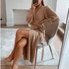 Foryunshes Women Treamnted Long Wrap Dress Autumn Winter Withorted Elegant Home Dresses Sexy V-Reck Ret Reties Clothes 210325