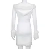 Heyoungirl peludo branco bodycon mini vestido outono manga longa com capuz v pescoço vestido magro fuzzy festa streetwear inverno 220215
