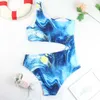Une épaule maillots de bain découpé maillot de bain femmes plage vague impression maillot de bain maillots de bain fille Sexy maillots de bain 210604