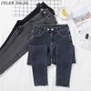 Hoge taille vrouw jeans elastische denim chic grijs zwart enkellengte potlood broek dame moeder lente zomer skinny 211129